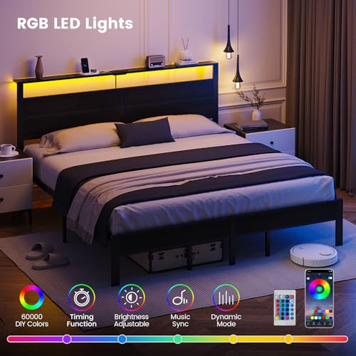 Image of King Size Bed Frame with LED Lights and Charging Station | Black Metal Platform Bed with Wood StorageHeadboard, Sturdy Slats, No Box Spring Needed, Noise Free, Easy Assembly