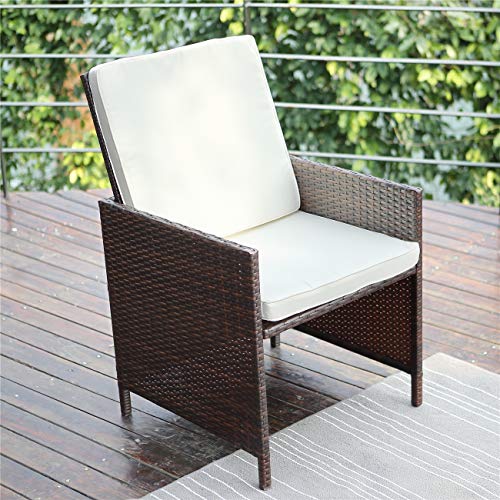 Image of Wisteria Lane 5 Piece Patio Porch Dining Set Outdoor Furniture Bar Bistro Wicker Chair Stool Wooden Table All-Weather Conversation,Brown Wicker Beige Cushions