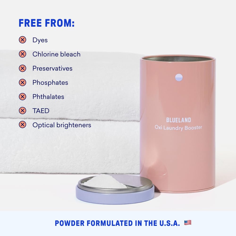 BLUELAND Oxi - Juego de iniciación en polvo para lavandería, limpiador ecológico sin plástico, removedor de manchas a base de plantas, cielo claro perfumado, 17.5 onzas, 25 carbohidratos