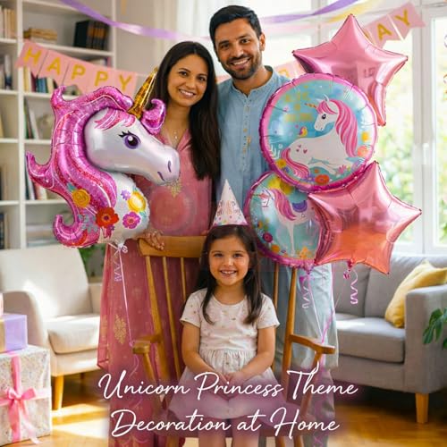 Image of Propsicle Unicorn Theme Pink Foil Balloons Birthday Decoration Kit for Girls, Pack of 5 with Star & Printed Round Balloons for Indoor Outdoor Photo Backdrop Decor
