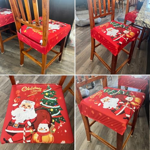 Image of SearchI Christmas Dining Chair Seat Covers Set of 4, Soft Stretch Xmas Seat Covers for Dining Chairs, Dining Room Seat Covers for Christmas Decoration(Rear-Covered, Santa Claus)
