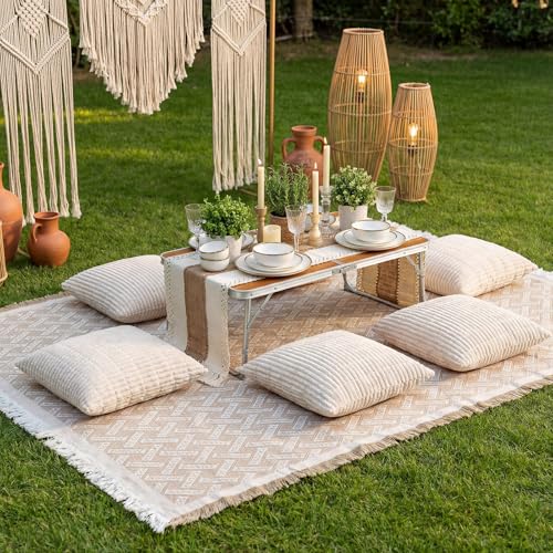Yiyiring 9 Pcs Extra Large Outdoor Boho Picnic Blanket 91'' x 71'' Folding Camping Table Beige White Table Runner 6 Throw Pillow with Pillow Cores Woven Cotton Yarn for Camping Garden Beach Wedding by Yiyiring - Image 8