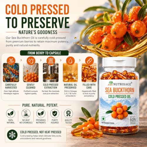 Image of Sea Buckthorn Oil Capsules 1200mg Daily Serving | Cold Pressed Himalayan Omega 7 Formula | Supports Skin Hydration, Glow, Hair & Whole Body Wellness | Omega 3 6 7 9 | 60 Capsules