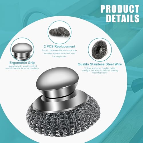 Image of 4Pcs Steel Wool Scrubber with Replacement Wire Pads Set, Stainless Steel Pot Scrubber with Handle for Cleaning Dishes,Cast Iron, Pots,Pans,Griddles,Grills, Stoves, Sink (2 Scrubber+2 Pads)