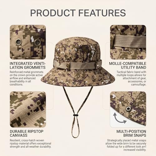 Image of Kraptick Wide Brim Sun Hat for Men - Outdoor Tactical Boonie Hat with Adjustable Chin Strap, Breathable Trekking Cap for Hiking, Fishing, Safari & Jungle Adventures