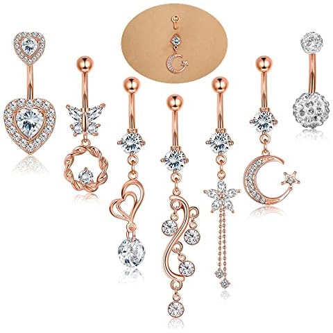 Chriscoco 7Pcs 14G Belly Button Bars for Women Stainless Steel Belly Bar Dangle Butterfly Flower Star Moon Sparkled Clear CZ Navel Rings Cover