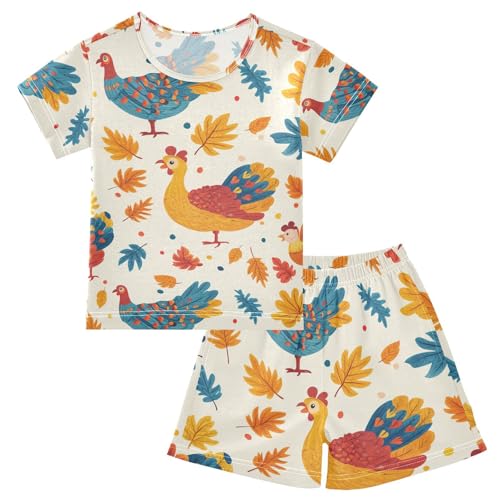 Pajama Short Sets Autumn Leaves and Turkey Soft Cotton Summer Sleepwear 2 Piece PJS Size 5-14T