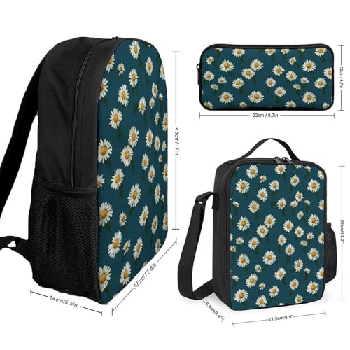 3 Piece Backpack for Women Men Lightweight Causal Daypack Shoulder Bag Set with Insulated Lunch Bag And Pencil Case Organizers Small Daisy2