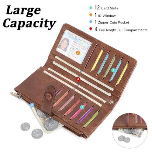 Image of GOIACII Womens Wallets Large Capacity Credit Card Holder RFID Blocking Leather Wallet Wristlet Ladies Clutch Purse Brown
