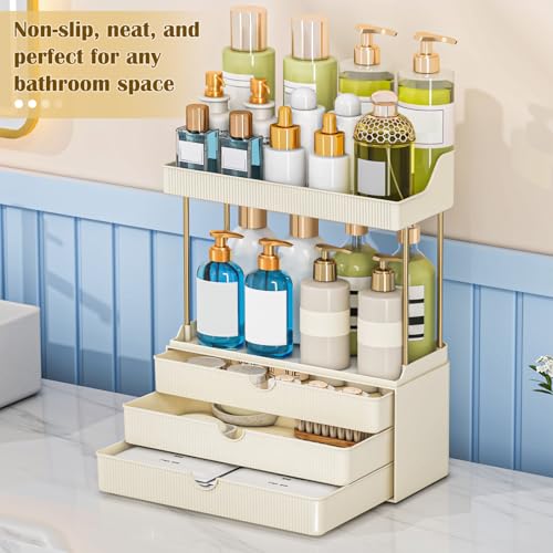 Image of caktraie Bathroom Organizers and Storage - 3 Drawers 2 Tier Makeup Organizer, Cosmetic Storage Drawer for Dresser Countertop and Bathroom Vanity for Large Skincare, Perfume, Cream White
