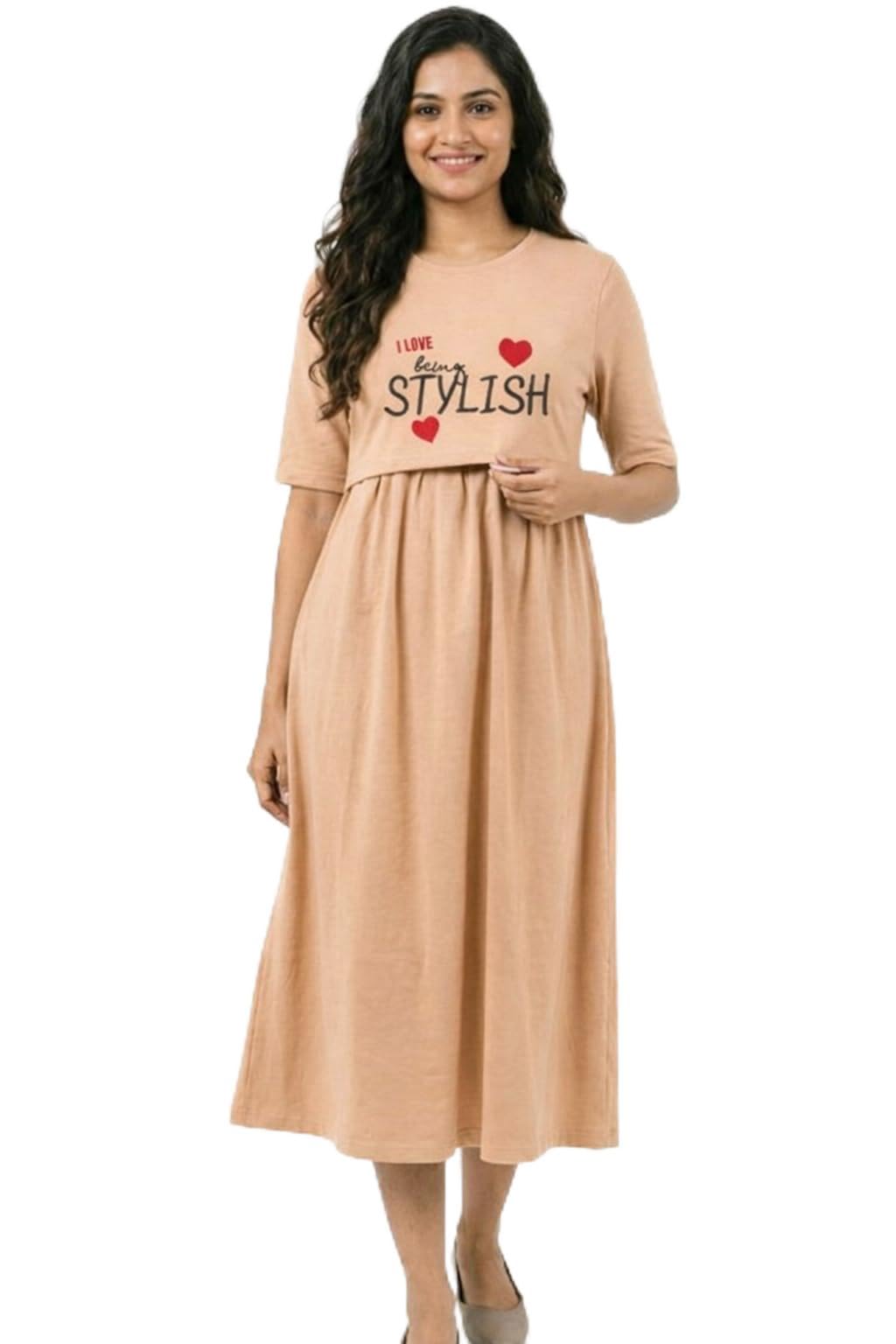 Maternity Feeding Dress, Beige, Half Sleeve, Graphic Print, Empire Waist, Midi Length with Pockets-image-14