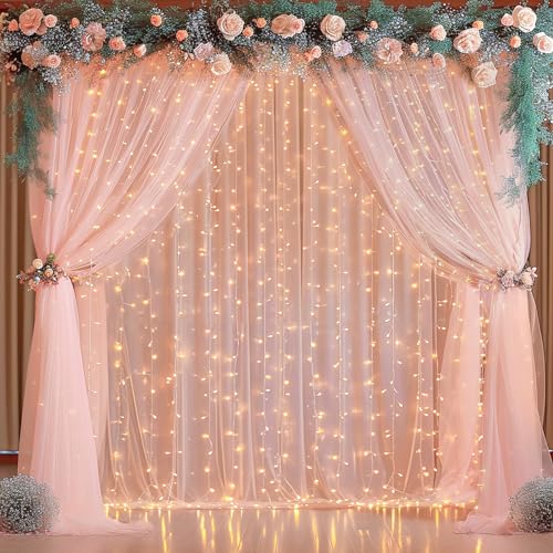 20x10ft Peach Tulle Backdrop Curtain with Lights String for Parites, Sheer Backdrop Curtains for Wedding Baby Shower Birthday Party Photo Shoot Decorations