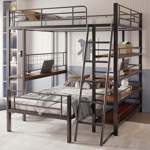 KOMHTOM Lit superposé en Fer Blanc/Noir avec étagères, Lit Mezzanine 2 Places avec escalier, Cadre de lit avec Rangement(Matelas Non Inclus) (Noir-140x200cm)