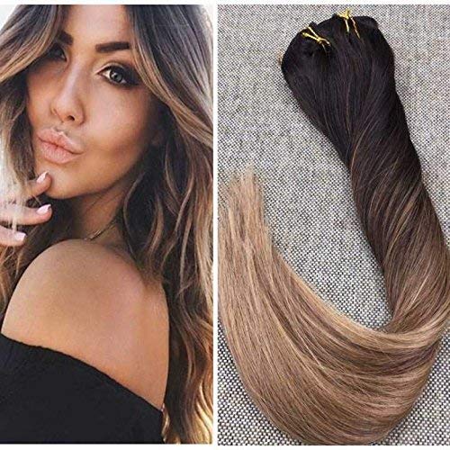 20inch 100 Clip in Human Hair Extensions Balayage Color #2 Fading to #6 Brown Mixed with #12 Thick Silky Straight Real Hair Clip in Extensions 10Pcs 140Gram