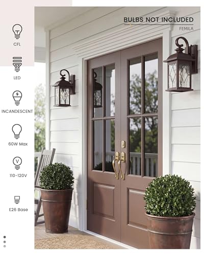Image of FEMILA Dusk to Dawn Outdoor Wall Light Fixtures, 15 inch Exterior Waterproof Wall Sconce, Front Porch Lights, ORB Finish with Hammered Glass, E26, UL Listed, 4FD54B-PC ORB-SD