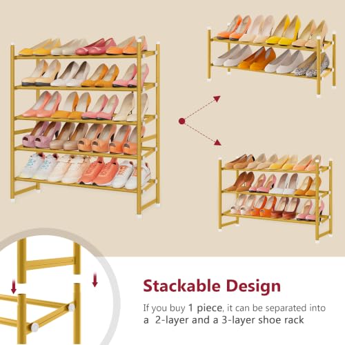 Image of Tajsoon Expandable Shoe Rack for Closet 5 Tier, 28 inch-41 inchStackable, Gold