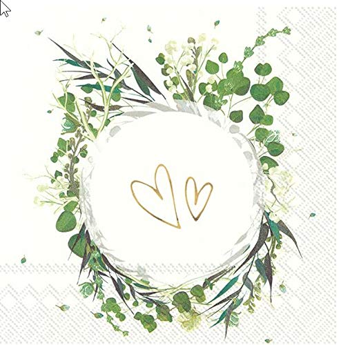 20 Napkins Two Hearts in Wreath for Wedding Table Decoration 33 x 33 cm