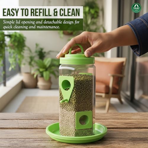 Image of TrustBasket 4-Way Bird Feeder | Transparent Plastic Hanging & Standing Feeder | 21x15x9 cm | 4 Feeding Ports with Perches | Auto Seed Dispensing Tray for Garden & Balcony