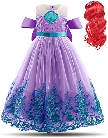 keaiyouhuo Mermaid lace Princess girls Dress Cosplay Fancy Costume Kids Birthday Party Dress + Red wig
