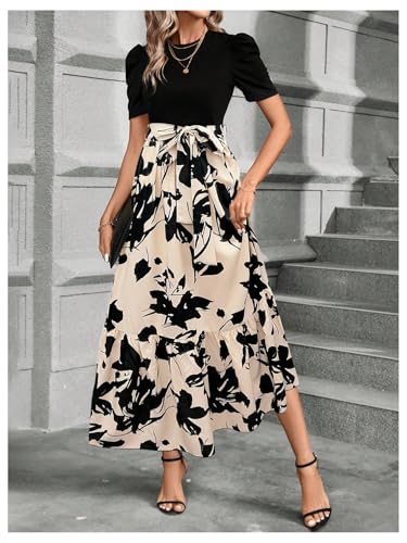 WDIRARA Women's Floral Print Color Block Maxi Dress Puff Sleeve Belted A Line Dresses3
