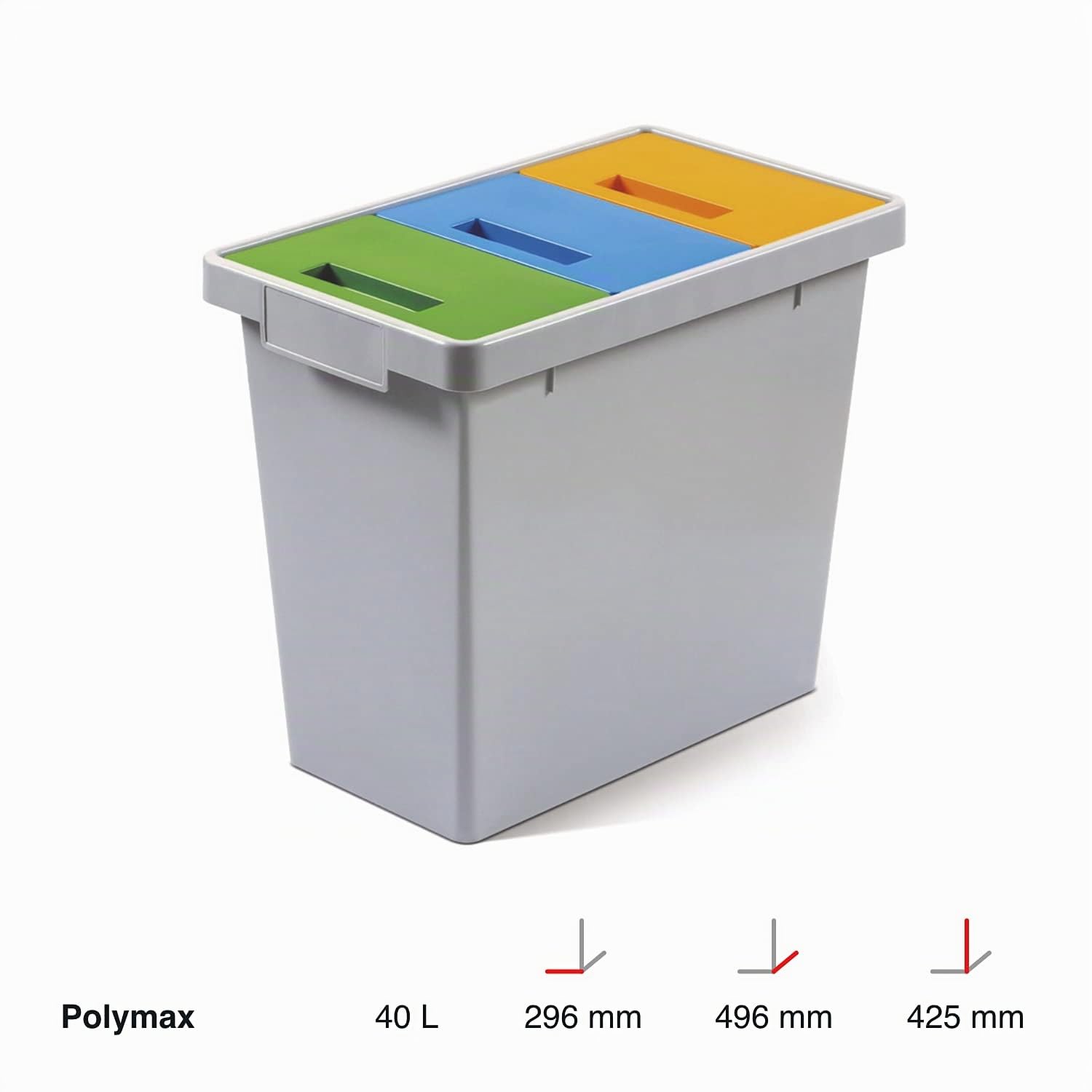 MATTIUSSI PAPELERA RECICLAJE TRES COMPARTIMENTOS - POLYMAX gris con tapas oscilantes azul verde y amarillo