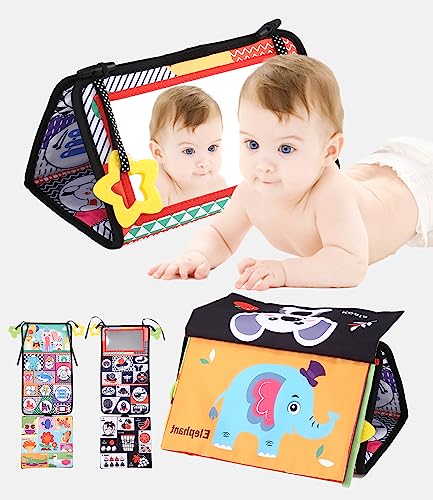 Zawaer Baby Spiegel Spielzeug, Faltbarer Baby Bauchlage Sensorisches Stoffbücher mit Schwarz Weiß Kontrastmuster,Visuelle Auditive Taktile Stimulation Montessori Spielzeug für Neugeborene ab 3 Monate