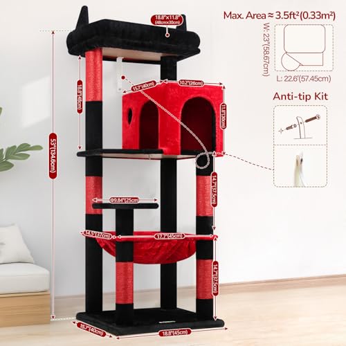 Image of Globlazer Gothic Cat Tree Tower with Scratching Post for Indoor Cats, 53inch Tall Plush Multi-Level Cat Climbing Tower Condo with Large Hammock, Spacious Cat Cave, Padded Top Perch, F53, Red Black