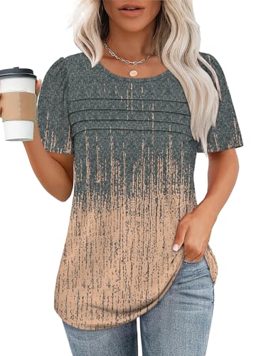 Womens T Shirts Short Sleeve Tops Dressy Casual Blouses Spring Summer Outfits Flowy Pleated Front Scooped Neck3