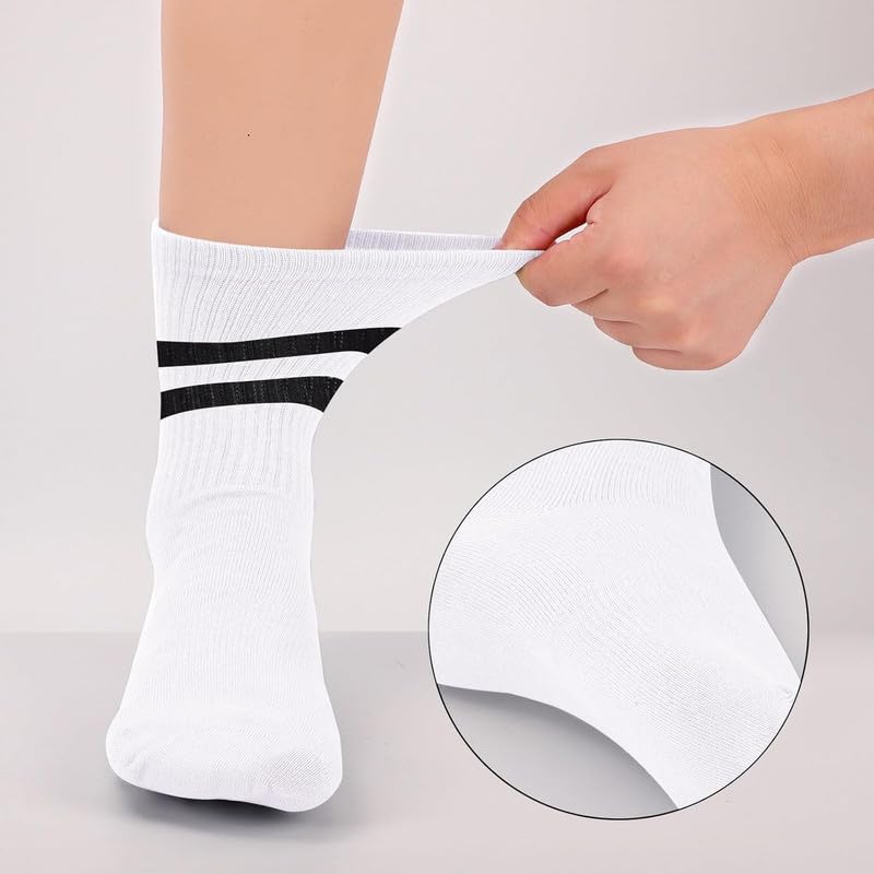 Yanwenx 3 Pairs Cotton Two Stripes Solid Color Casual Running Socks for Women Girls_White 4