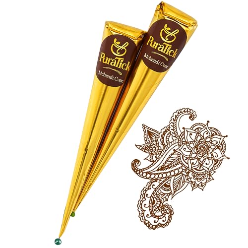 PuraTick 2 Pcs Henna Mehndi Cones Dark Brown Mehndi | All Natural Body Art Organic Herbal Temporary Tattoo | Ready to Use Henna | Pack of 2
