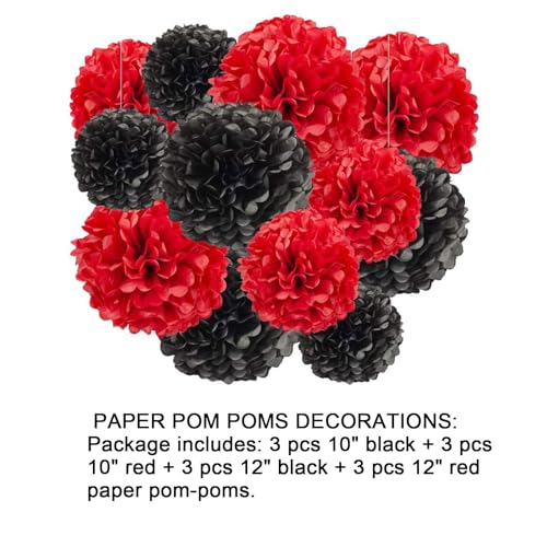 Image of Aimto 12pcs Black and Red Hanging Tissue Paper Pom Poms Decorations for Party Ceiling Wall Tissue Flowers Decorations - 2 Colors of 12 Inch, 10 Inch