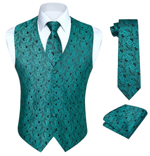 Image of HISDERN Mens Vest Tie Set 3PC Formal Waistcoat Paisley Floral Jacquard Necktie Pocket Square Suit Vests Wedding Party
