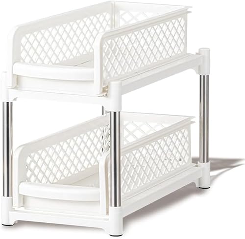 キッチン収納 シンク下収納 スライド 調味料収納ラック 2段 引き出し式 大容量 洗面台 隙間整理棚 組立簡単 小物整理 省スペース 多機能棚 26.7×37.5×37cm (ホワイト,38×27×38cm)