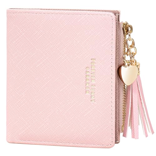 Image of KOTORA Womens Small Wallet Girls Tiny Slim Wallets Pretty Mini Card Holder Thin Short Zip Coin Purse with Love Pendant and Tassels (Pink)