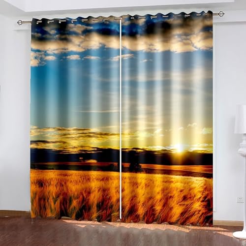 Dsnyu Cortinas opacas vintage, para salón, modernas, marrón, poliéster, trigo y puesta de sol, paisajes, juego de 2 unidades, 102 x 138 cm (ancho x alto)