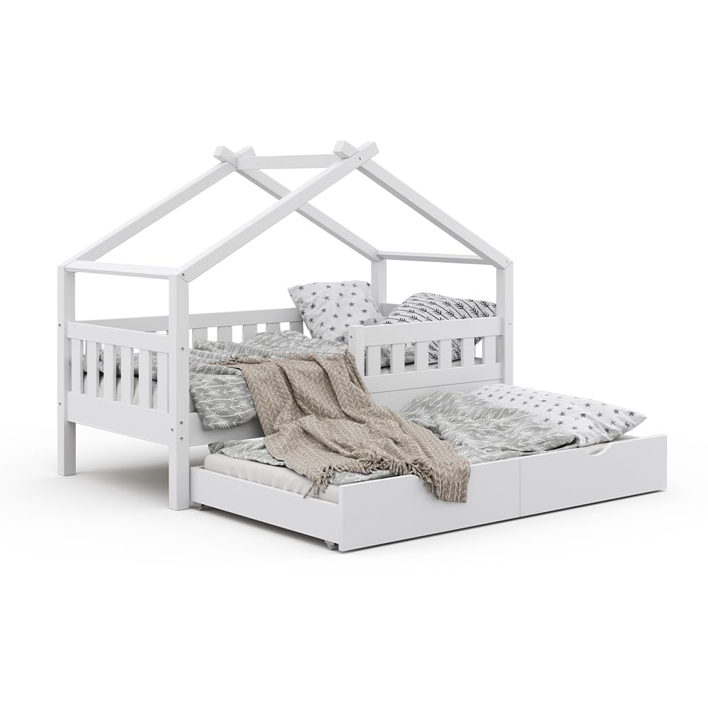 VitaliSpa Cama en Forma de casa Design, Blanco, 80x160 cm | con cama de invitados, apto como zona de juego y descanso para niños