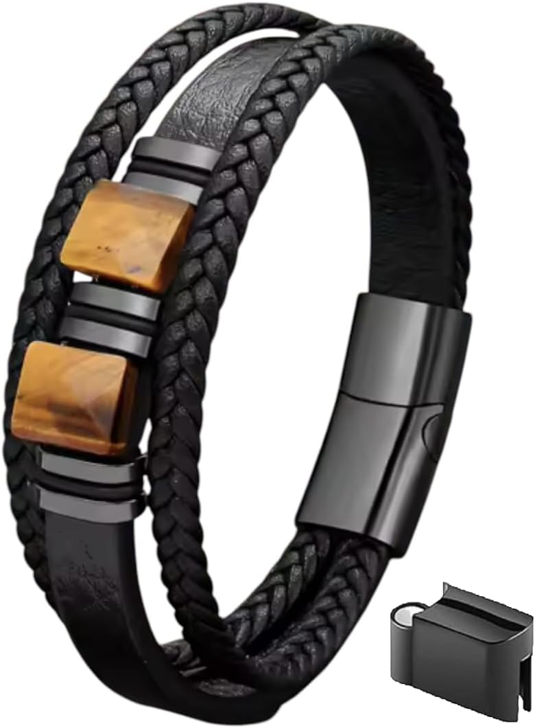 mkat Men's Genuine Leather Bracelet with Natural Stone, Natural Gemstone Bracelet, Black Leather Bracelet for Men, Amethyst Bracelet, Lapis Lazuli Bracelet, Cushion Cut Gemstone Bracelet
