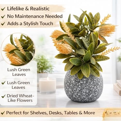 Image of Garden Art Artificial Protea Flower Arrangement Placed in a Small Decorative doted Pot. The Spiky, Cone-Shaped Bloom and Textured Petals are Typical of Protea Flowers (P-0235Peach)