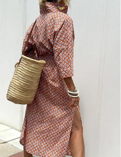 Image of MSBESYOR Women Button Down Striped Shirt Maxi Dress Casual Lapel 3 /4 Sleeve Belted Loose Vacation Long Dresses Orange