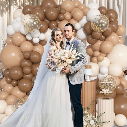 Image of Ouddy Life 157 Pcs Brown Balloons Garland Arch Kit, Beige Nude Neutral White Gold Confetti Different Size Balloon for Birthday Teddy Bear Baby Shower Neutral Woodland Wild One Wedding Party Decoration