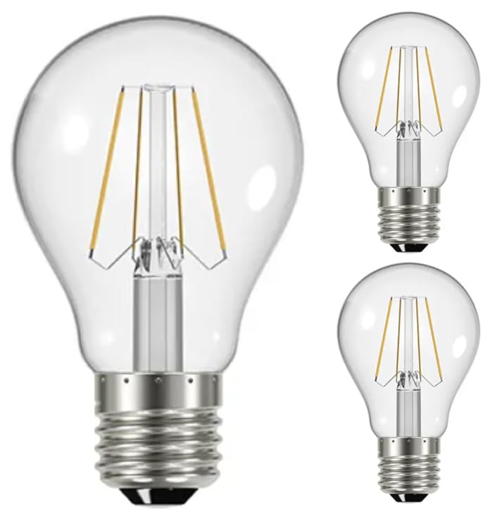 Pack of 3 LED 4W (40 Watt Eqv), GLS, Clear Finish, Filament Bulbs, E27 Edison Screw Fitting, Energy Saving, Standard A60 GLS, Warm White 2700K, Long-Lasting, No Flicker, Instant On, 450 Lumen, A Rated