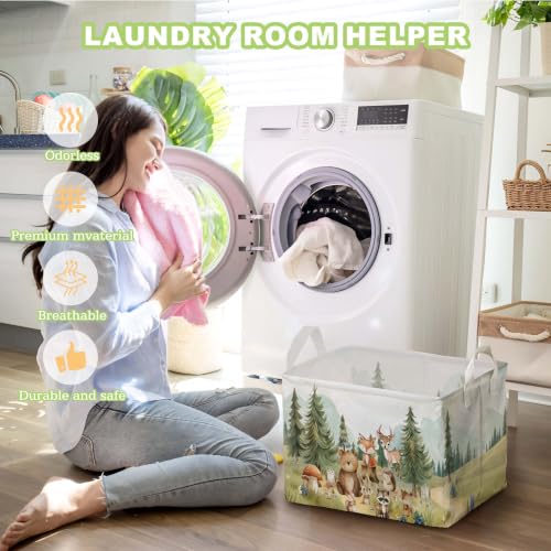 Image of Cute Animals Storage Baskets, Woodland Nursery Decor, Woodland Baby Shower Decorations, Large Squarecanvas Laundry Hamper With A Waterproof PECoating, Foldable Kids Toy Clothes Bins for Bedroom