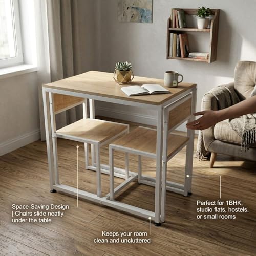 Image of FFO 2 Seater Dining Table Set for Home, Compact Space Saving Dining Table with 2 Chairs, Metal Frame & Engineered Wood Top, Modern Kitchen Table Set for Dining Room, Apartment & Small Spaces