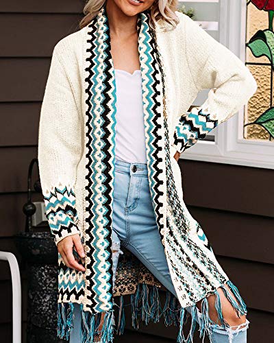 Womens Plus Size Boho Long Cardigans Loose Tassel Open Front Aztec Print Long Sleeve Sweater Coats (1X, White) #TOP1