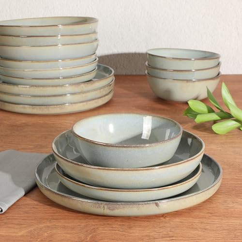 Image of Gibson Elite Berea 16 Piece (Service for 4) Plates and Bowls Reactive Glaze Round Dishes Stoneware Ceramic Dinnerware Set -Green