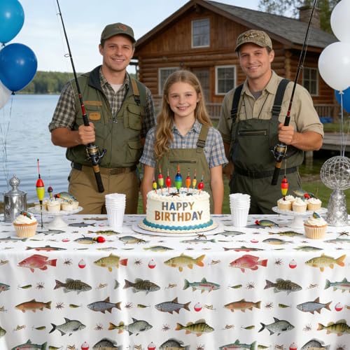 Image of QIYANPAX 4 Pack Fish Tablecloths, Fishing Birthday Party Decorations, Gone Fishing Plastic Tablecloths for Bass Ofishally One Birthday Decorations, 54 inch x 108 inch
