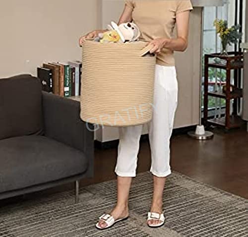 Image of GRATIFY Mansa Traders 12 inch X 12 inch X 14 inch Large Round Storage Basket With Lid, Cotton Rope Storage Baskets, Laundry Hamper, Brown Stiches With Cover