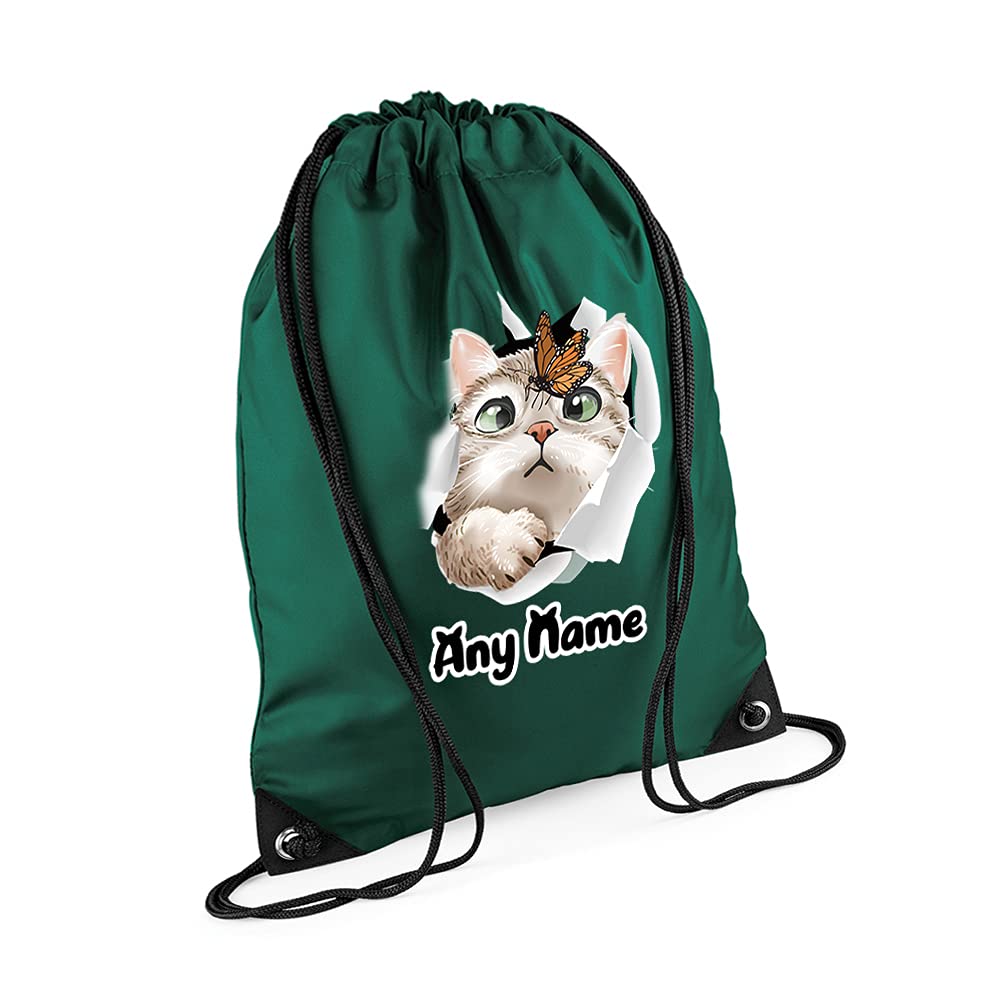 Giftme Unisex Kids Bottle Green Personalised Butterfly On Cat Face Hidden Cat Funny Kitten Cat Birthday Gift Drawstring Bag, Pe Gym Kit, Swimming Rucksack. (Bottle Green)