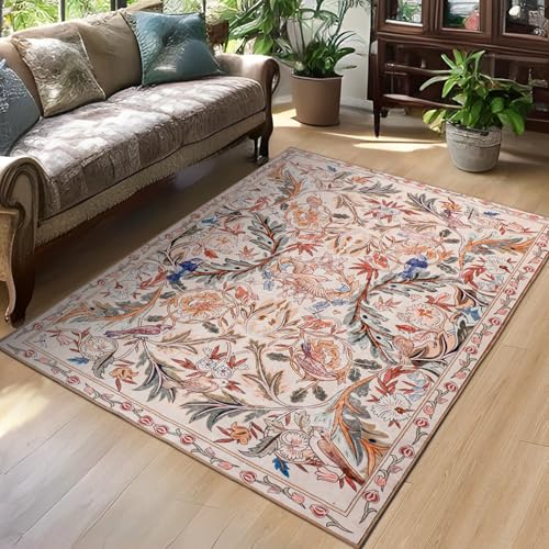 TUKDAK Alfombra Salón 120×180 cm, Alfombra Lavable Pájaro Rosa Antideslizante para Dormitorio, Alfombra de Pelo Corto Suave para Comedor, Alfombra Grande Boho Floral para Cocina Oficina Baño