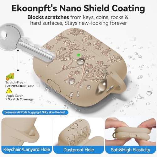 Image of for Apple AirPods Pro 2nd /1st Generation, Soft Silicone Flower Engraved AirPods Pro 2 Gen Protective Case Cover for Women Airpod Case with Clean Kit,Carabiner,Front LED Visible,Sand Powder